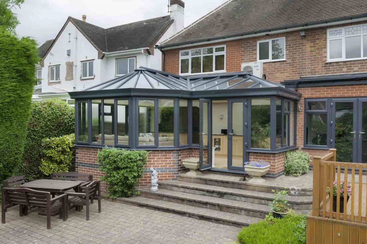 A black upvc conservatory.
