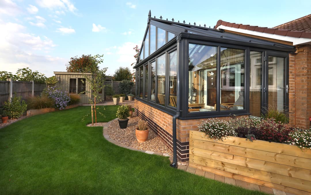 Outside a grey uPVC conservatory in Arnold, Nottingham.